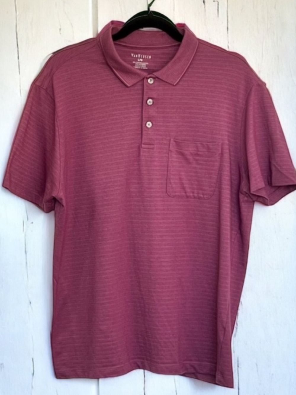 VAN HEUSEN Men’s Large Plum Purple Stripe Golf Polo Shirt Cotton Blend Pocket